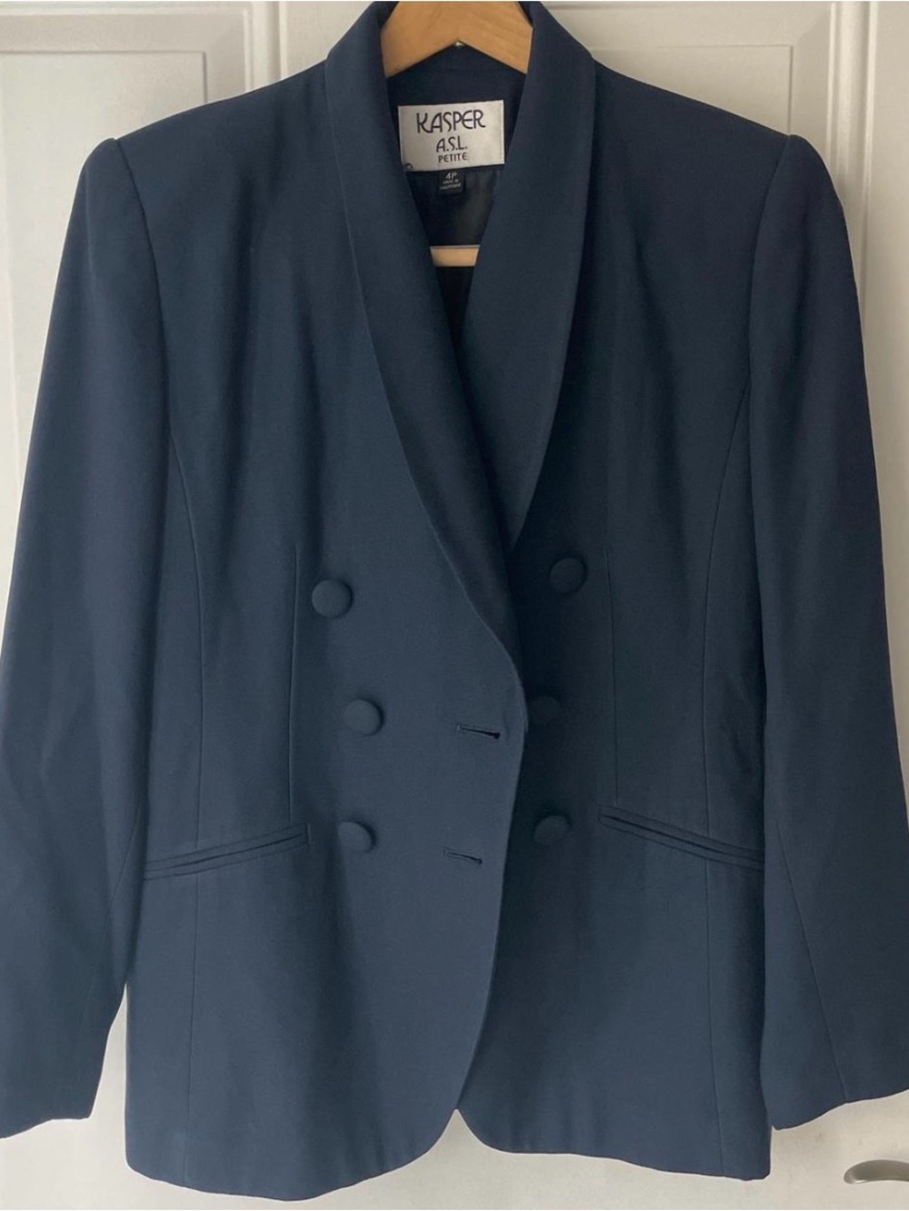 Kasper Navy Double-Breasted Shawl Lapel Blazer